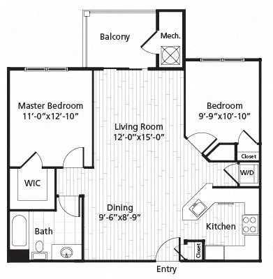 Floor plan for 2 beds, 1 bath, 897 sqft